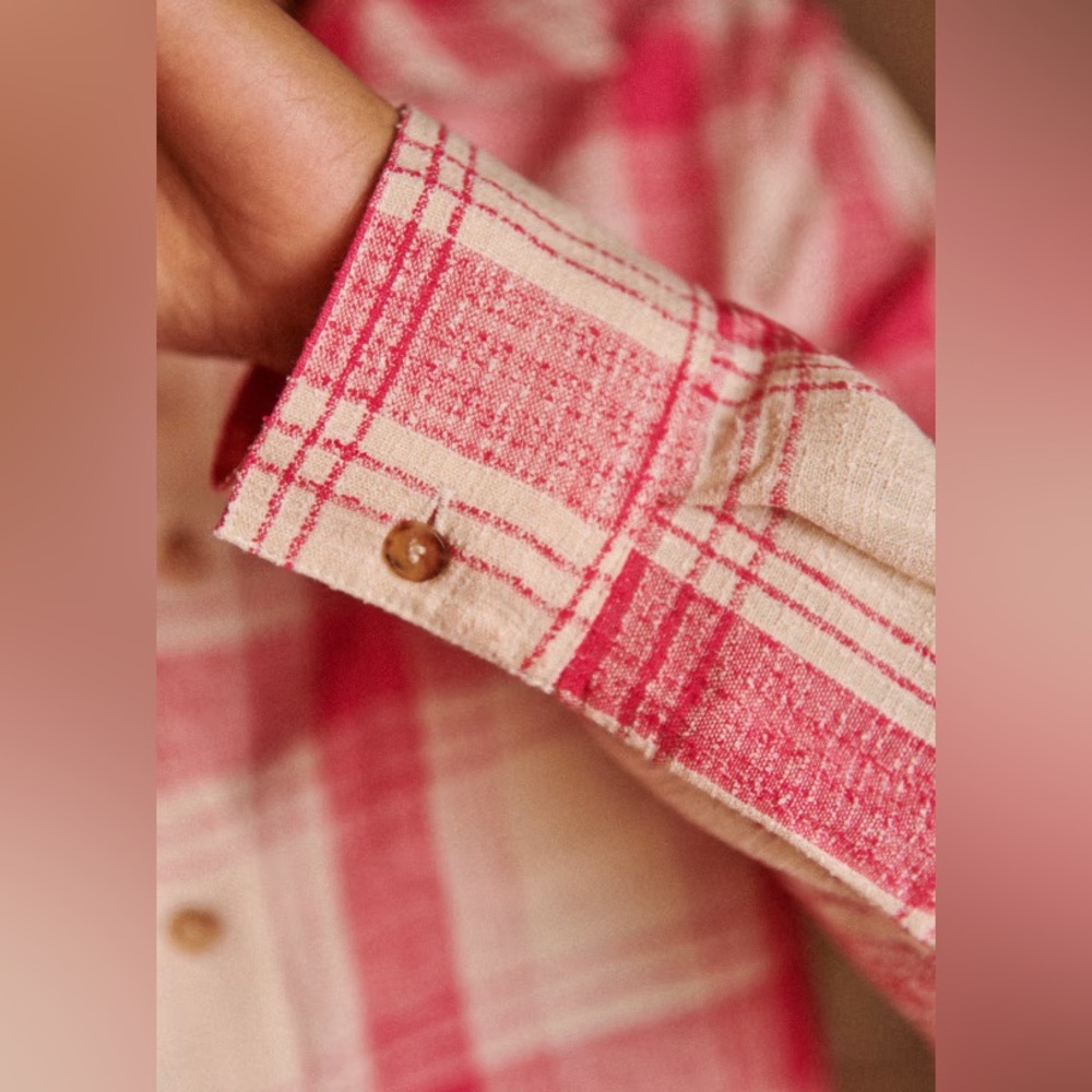 Sezane Tomboy Button-Up Shirt Plaid Pink White Maxi Check Sz 6 NWT Linen Blend - Picture 9 of 11